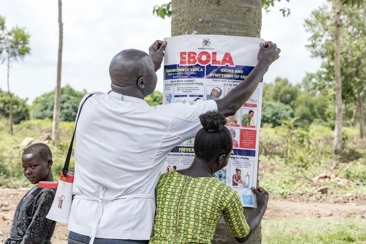 Village Health Team member Omar Adaku puts up an Ebola information poster in Terego District, Northern Uganda
