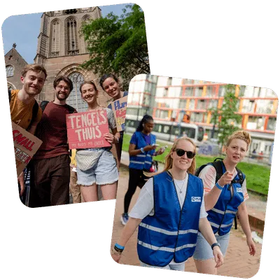 Fotomontage van twee foto's. Een foto van een meisje met een blauwe kraag en een tweede foto van lopende benen