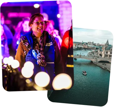 Een vrouw gekleed in de blauwe kleur van Plan International glimlacht. Ze is net gestart met de wandeling.